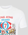 Front chest view of the white HK7s retro T shirt featuring the illustrated sevens graphic with players around a ball