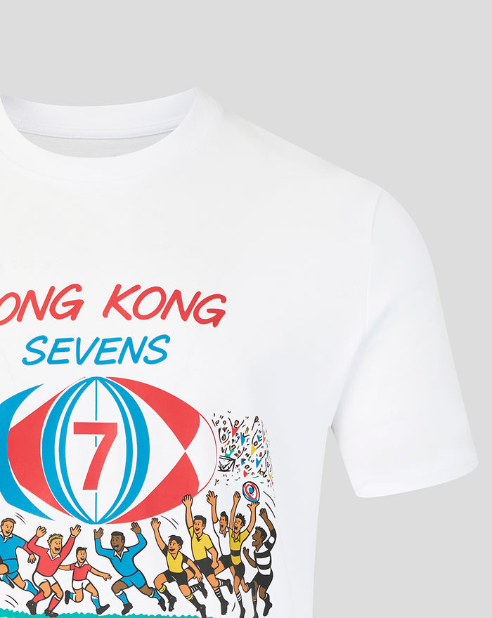 Front chest view of the white HK7s retro T shirt featuring the illustrated sevens graphic with players around a ball