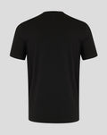Back view of a plain black unisex T shirt.