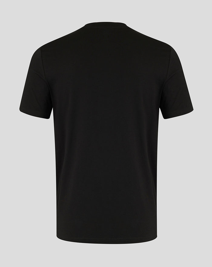 Back view of a plain black unisex T shirt.