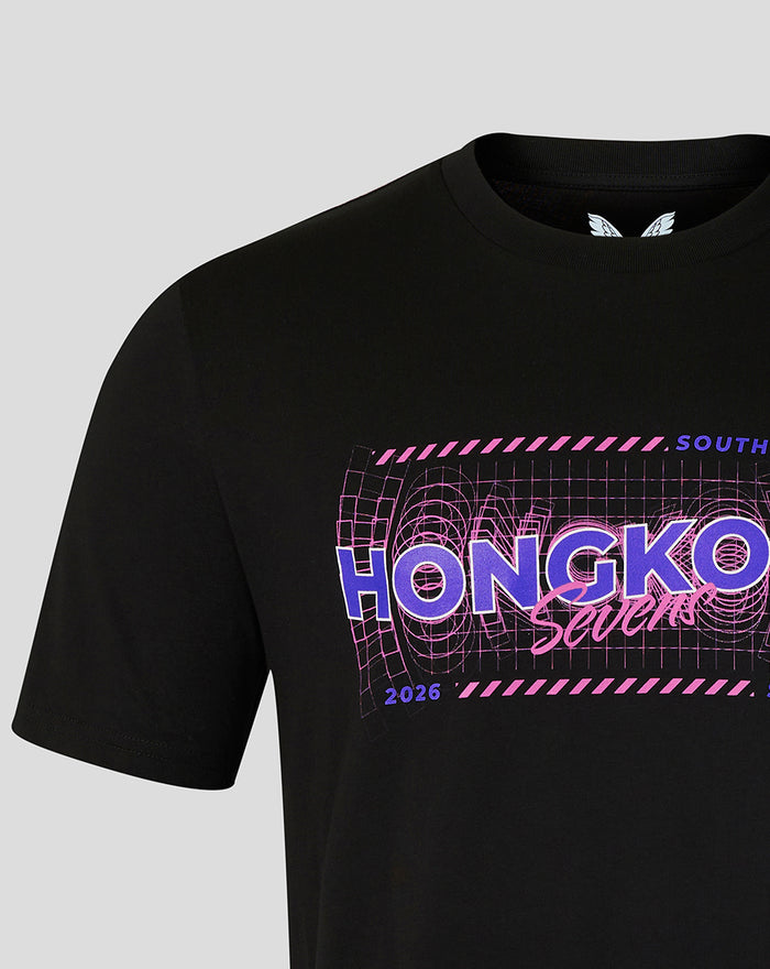 Close-up of the neon HK7s Sound Wave graphic on a black T-shirt