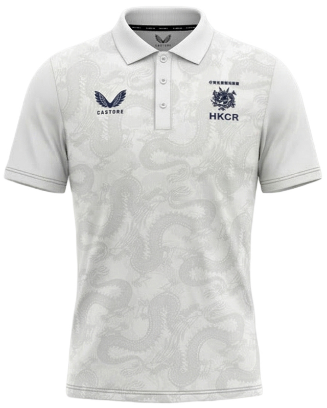 White graphic training polo front view with HKCR crest Castore logo and tonal jacquard pattern.