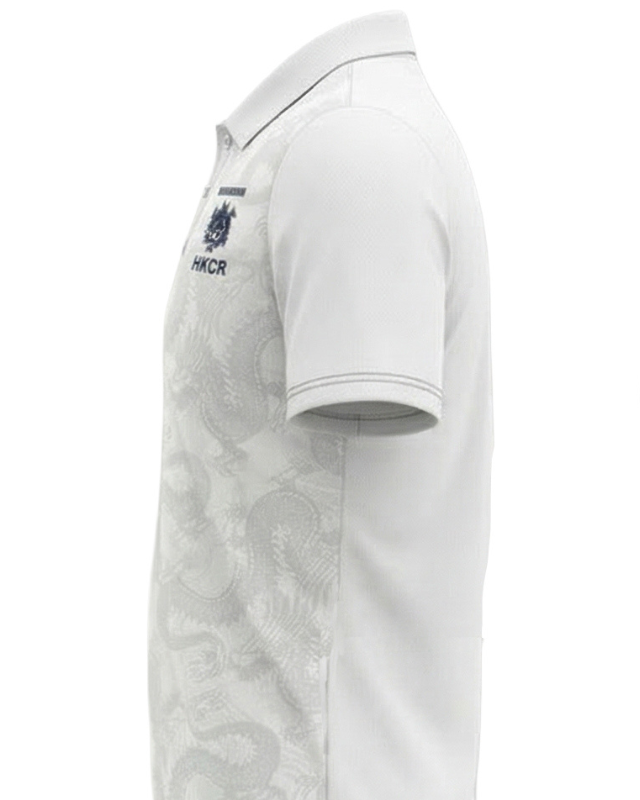 Side view of a white graphic training polo with a polo collar and tonal pattern.
