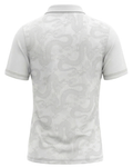 Back view of white Hong Kong Rugby graphic training polo with an all over tonal dragon pattern