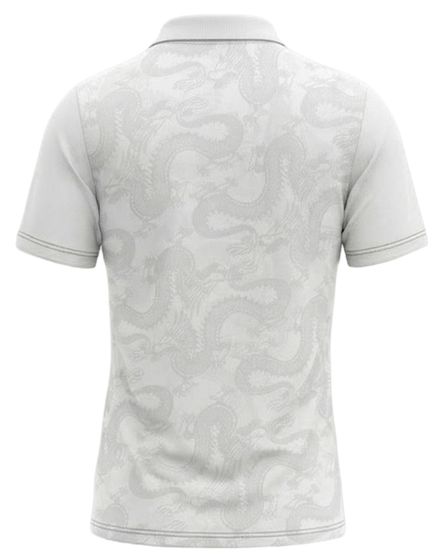 Back view of white Hong Kong Rugby graphic training polo with an all over tonal dragon pattern
