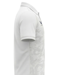 White graphic training polo shown in profile with subtle tonal jacquard texture and a tidy polo collar