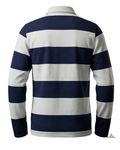 Back view of junior HKCR teamwear long sleeve vintage rugby jersey with bold navy and white hoop stripes.